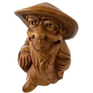 Hand-Carved Wooden Gnome Figurine With Hat & Beard